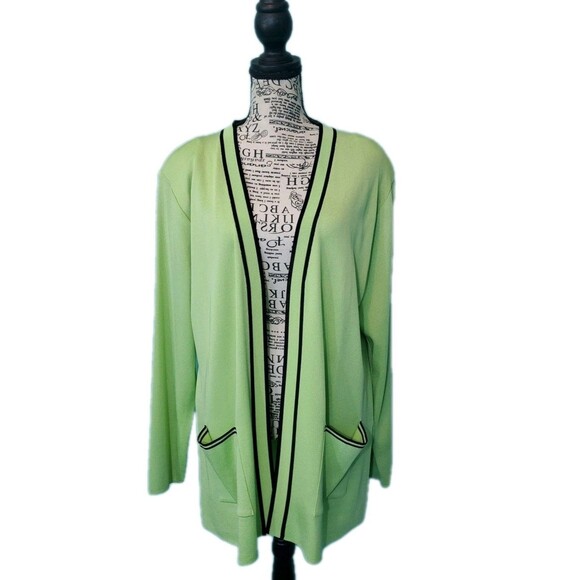 Exclusively Misook Sz M Green Black Knit Blazer Jacket W/ Pockets Open Front - Picture 3 of 13